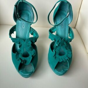 Aldo Teal Suede Open Toe Platform Sandals with Ankle Strap